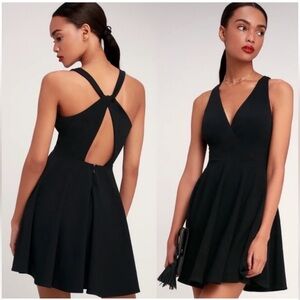 Lulu's Black V-Neck Wonder Whirl Cross-Back Skater Mini Dress